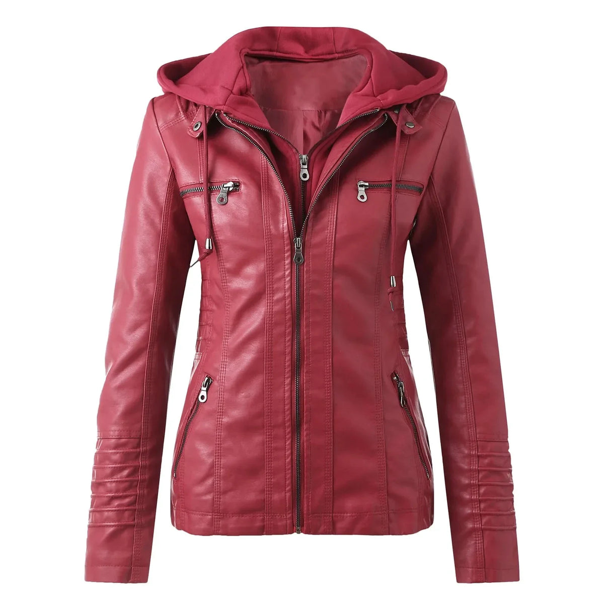 Veste Moto Femme Cuir Synthétique à Capuche – Fermeture Éclair – Rouge | Les Secrets de Léa