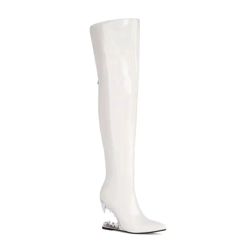 Damen-Overknees – Tigerhai-Zahnmuster – Lackleder