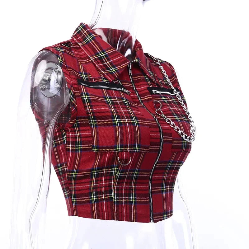 T-shirt court sans manches à carreaux femme – Zip frontal - LSDLBoutique