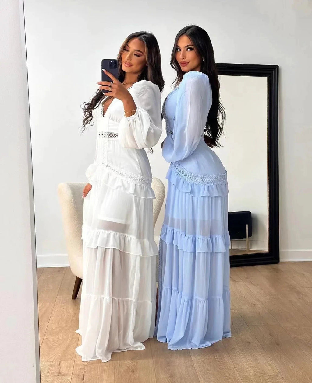 Robe longue ajourée col V taille empire manches lanternes - LSDLBoutique