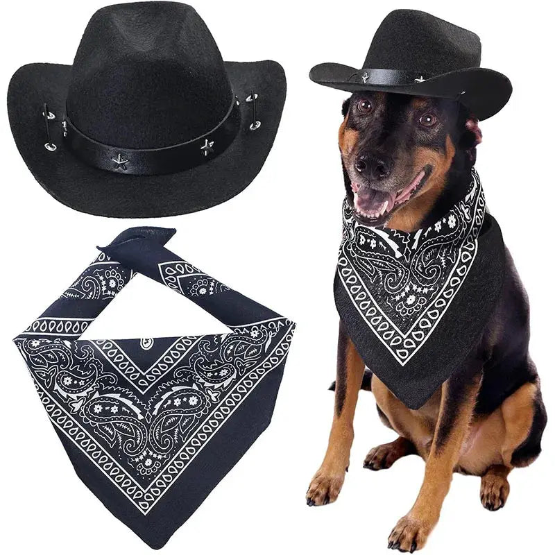 Ensemble chapeau cowboy noir et bandana noir à motif paisley pour chien et chat, 3 pièces.