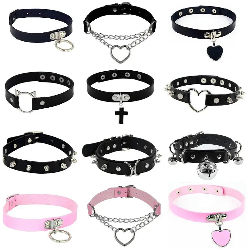 Lot de 12 colliers ras du cou en PU noir et rose, avec clous, chaînes et pendentifs gothiques pour cosplay et BDSM