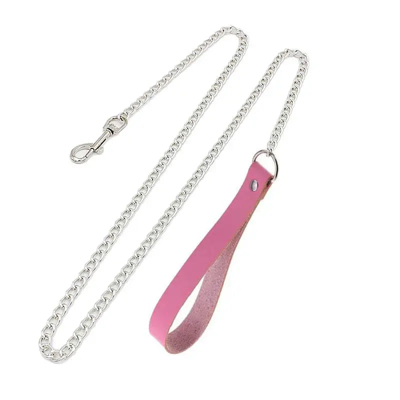 Collier ras du cou gothique en chaîne argentée avec sangle rose PU et mousqueton