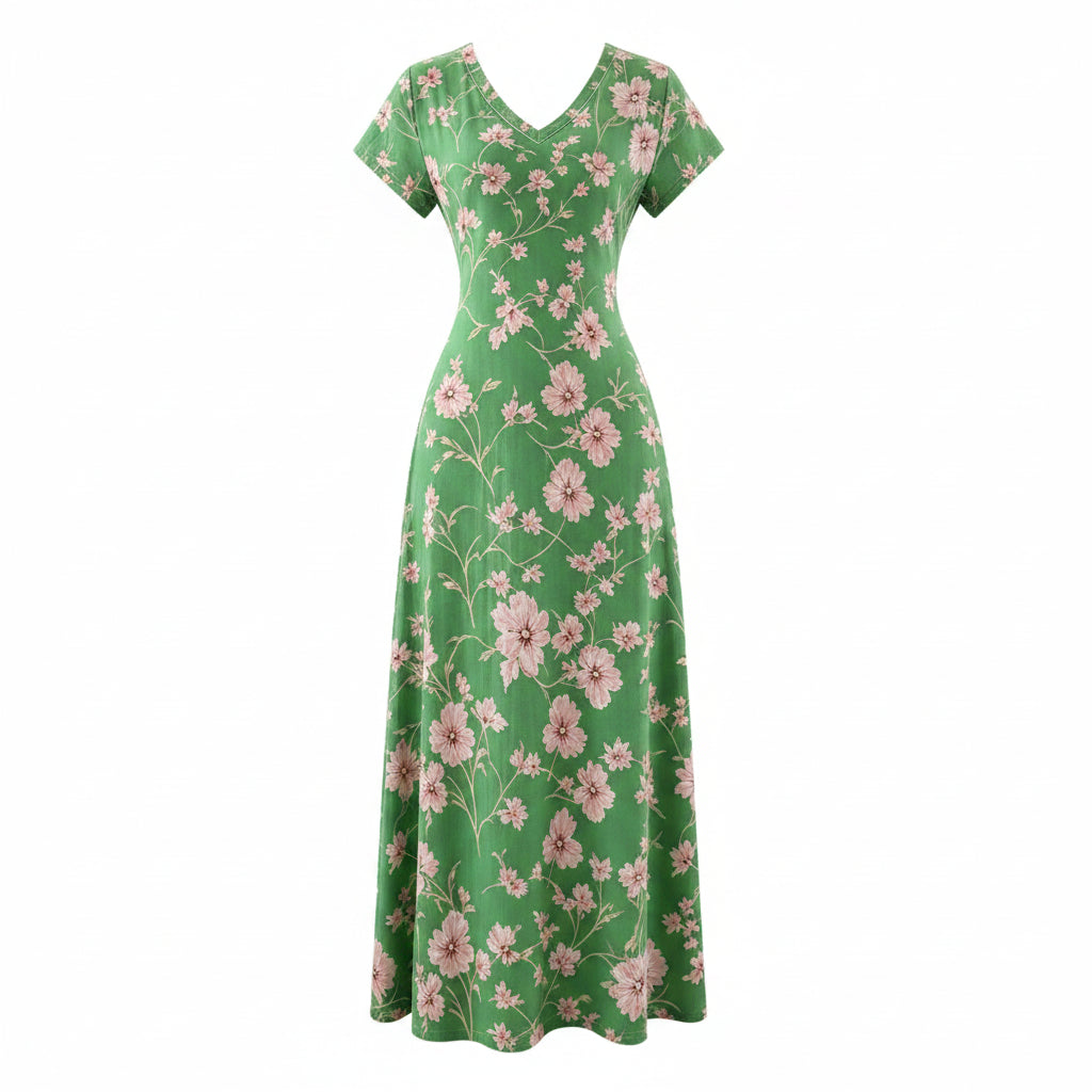 Robe longue bohème florale – Col en V, manches courtes, fente latérale