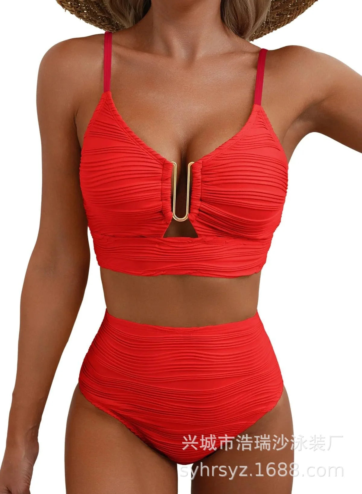 Zweiteiliger High-Waist Triangel-Badeanzug – Pure Color