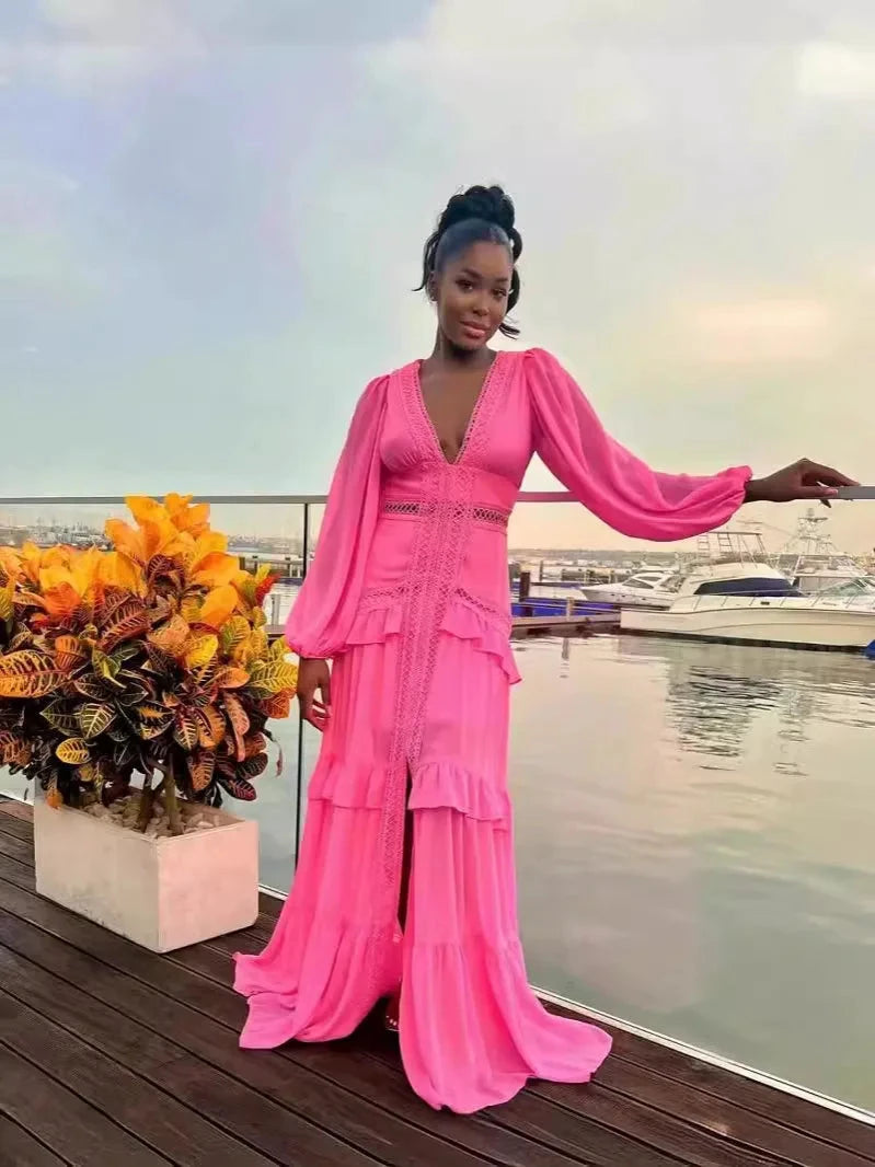 Robe longue ajourée col V taille empire manches lanternes - LSDLBoutique