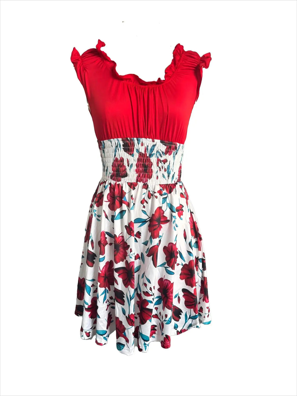 Robe femme à manches courtes florale, taille smockée et jupe blanche à fleurs rouges et bleues - LSDLBoutique