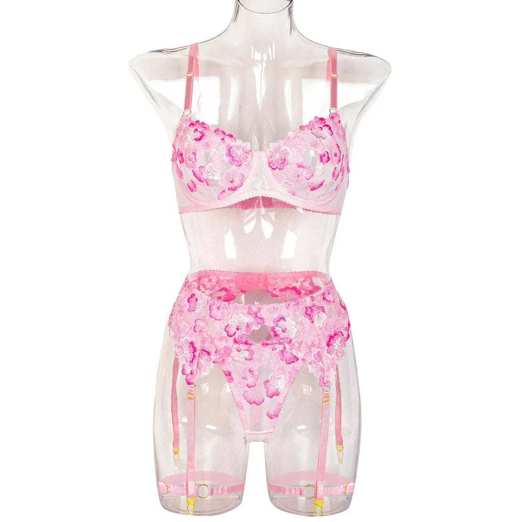 Floral Lace Lingerie Set — Bra, Thong & Garter Belt