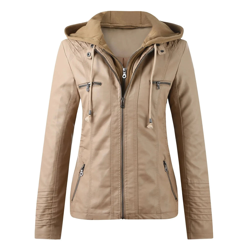 Veste Moto Femme Cuir Synthétique à Capuche – Fermeture Éclair – Kaki | Les Secrets de Léa