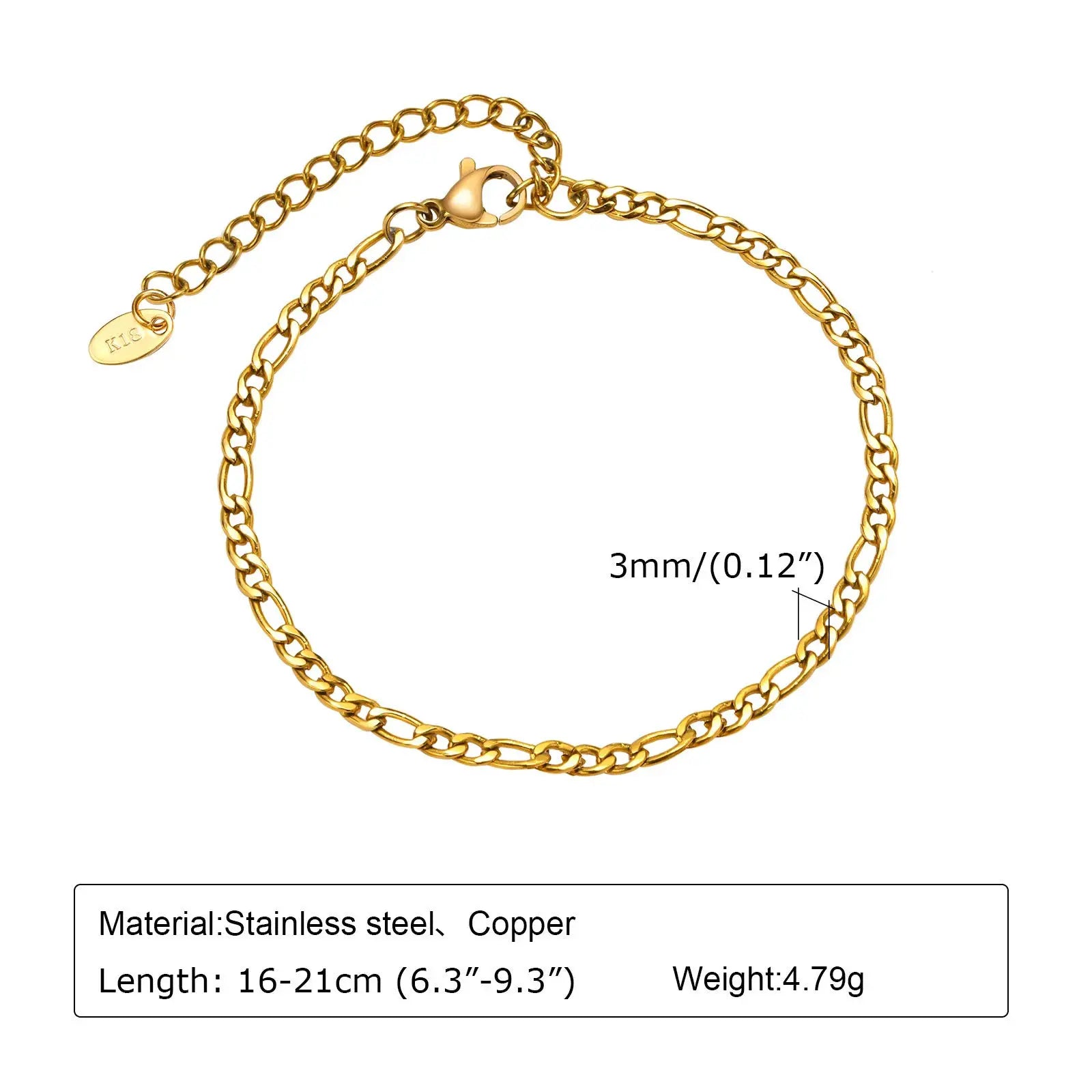 Bracelet trombone réglable en acier inoxydable doré, chaîne maille et fermoir lobster.