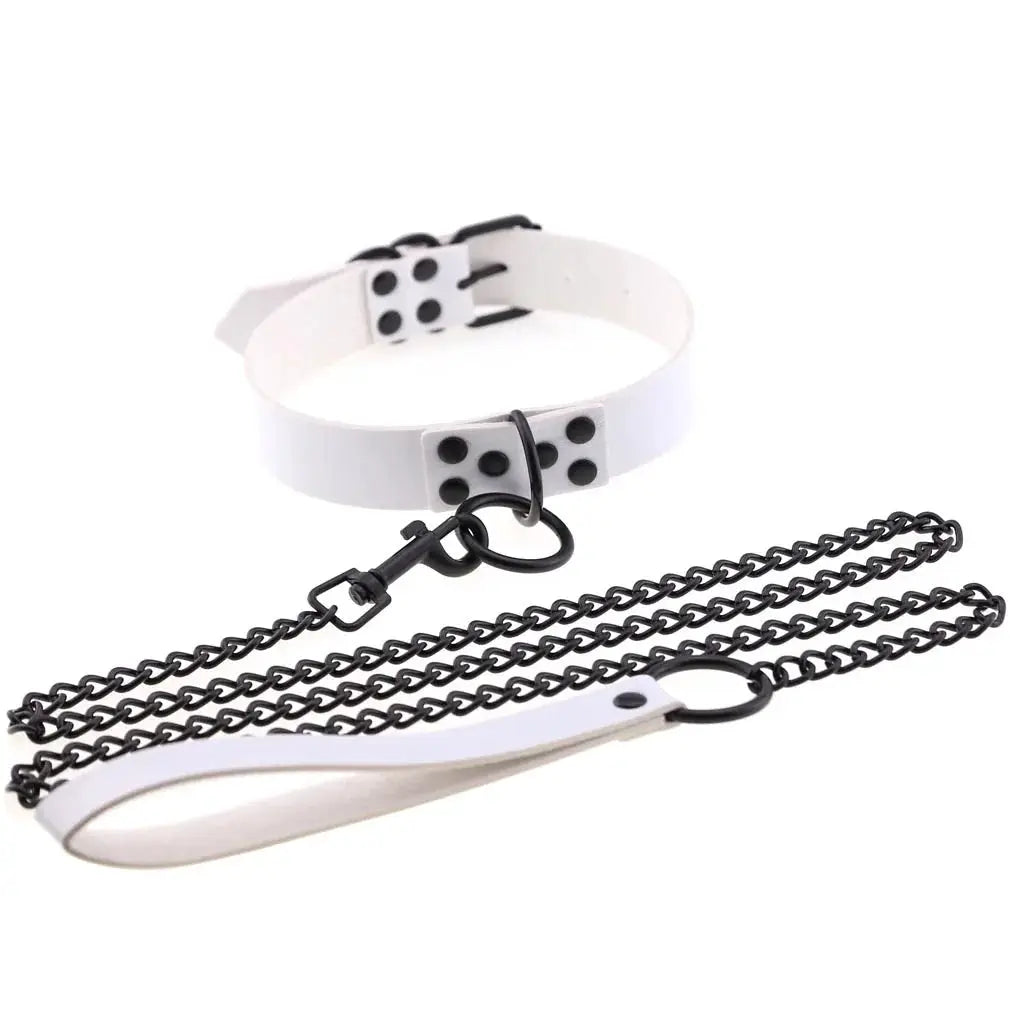 Collier et laisse en cuir synthétique blanc avec chaînes noires, style gothique punk – Decopunk