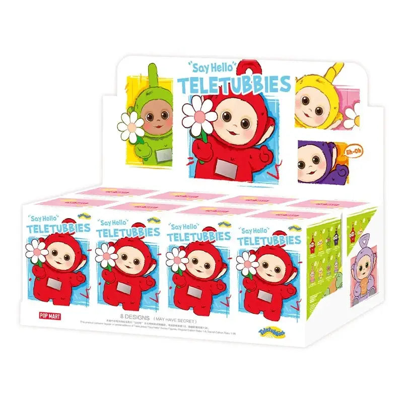 Pendentif blind box Teletubbies Say Hello, présentoir Pop Mart avec 8 designs visibles