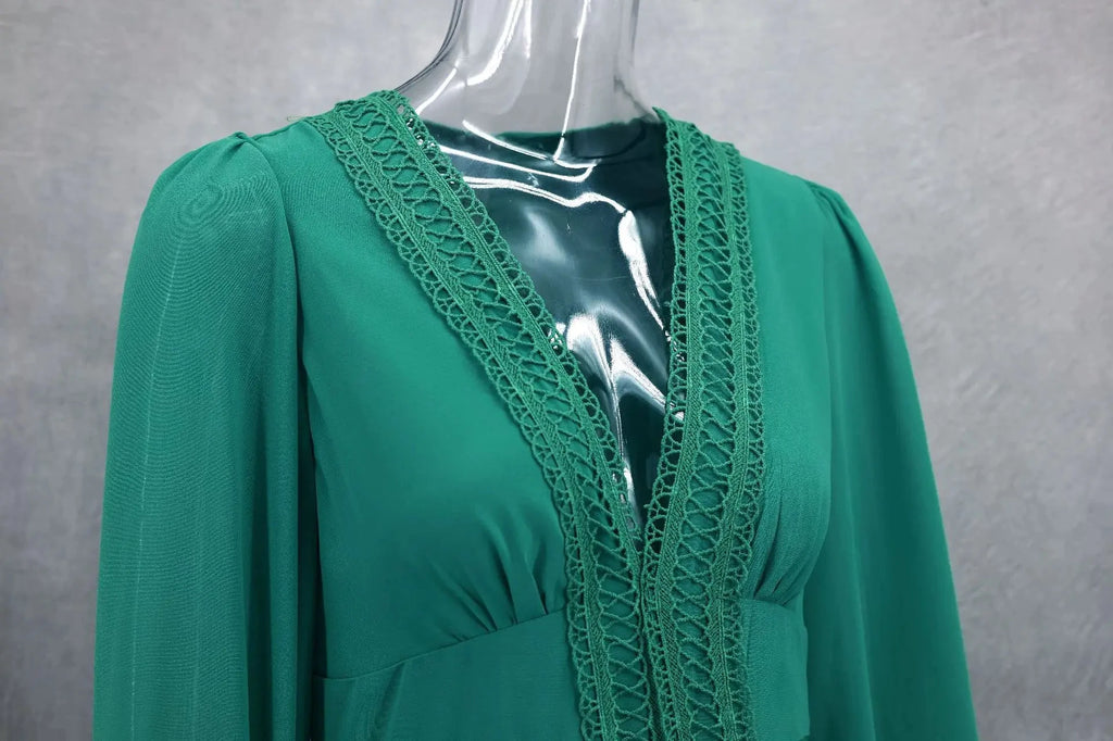 Robe longue ajourée col V taille empire manches lanternes - LSDLBoutique