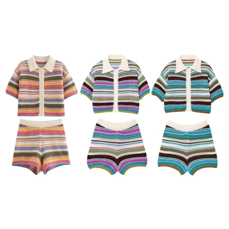 Les Secrets de Léa – Ensemble maille crochet rayé short et polo – Samia - LSDLBoutique