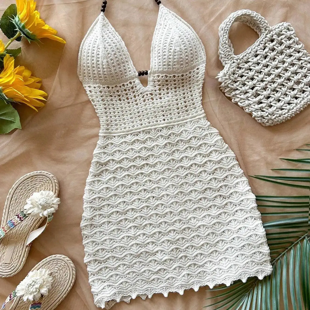 Robe d'été courte en maille à perles de bois – Soleia - LSDLBoutique