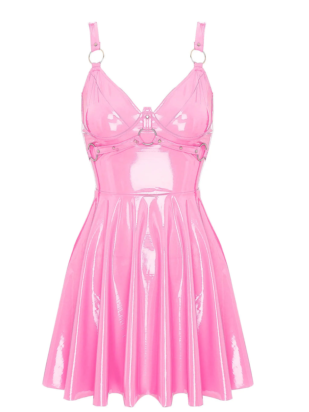 Latex Patent Leather-Effect Dress – Zip-Back, Riveted Rings, Gothic Style
