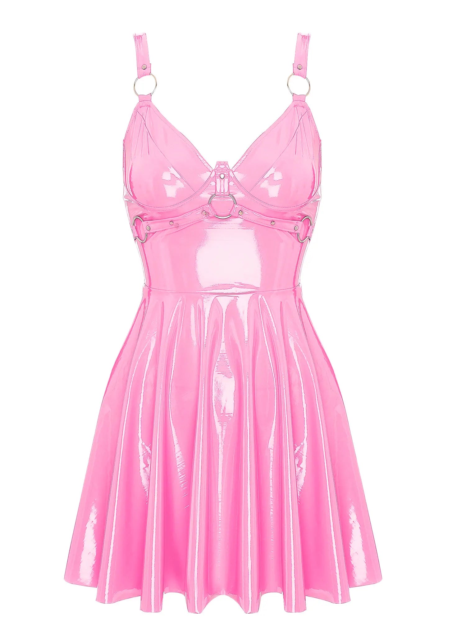 Latex Patent Leather-Effect Dress – Zip-Back, Riveted Rings, Gothic Style