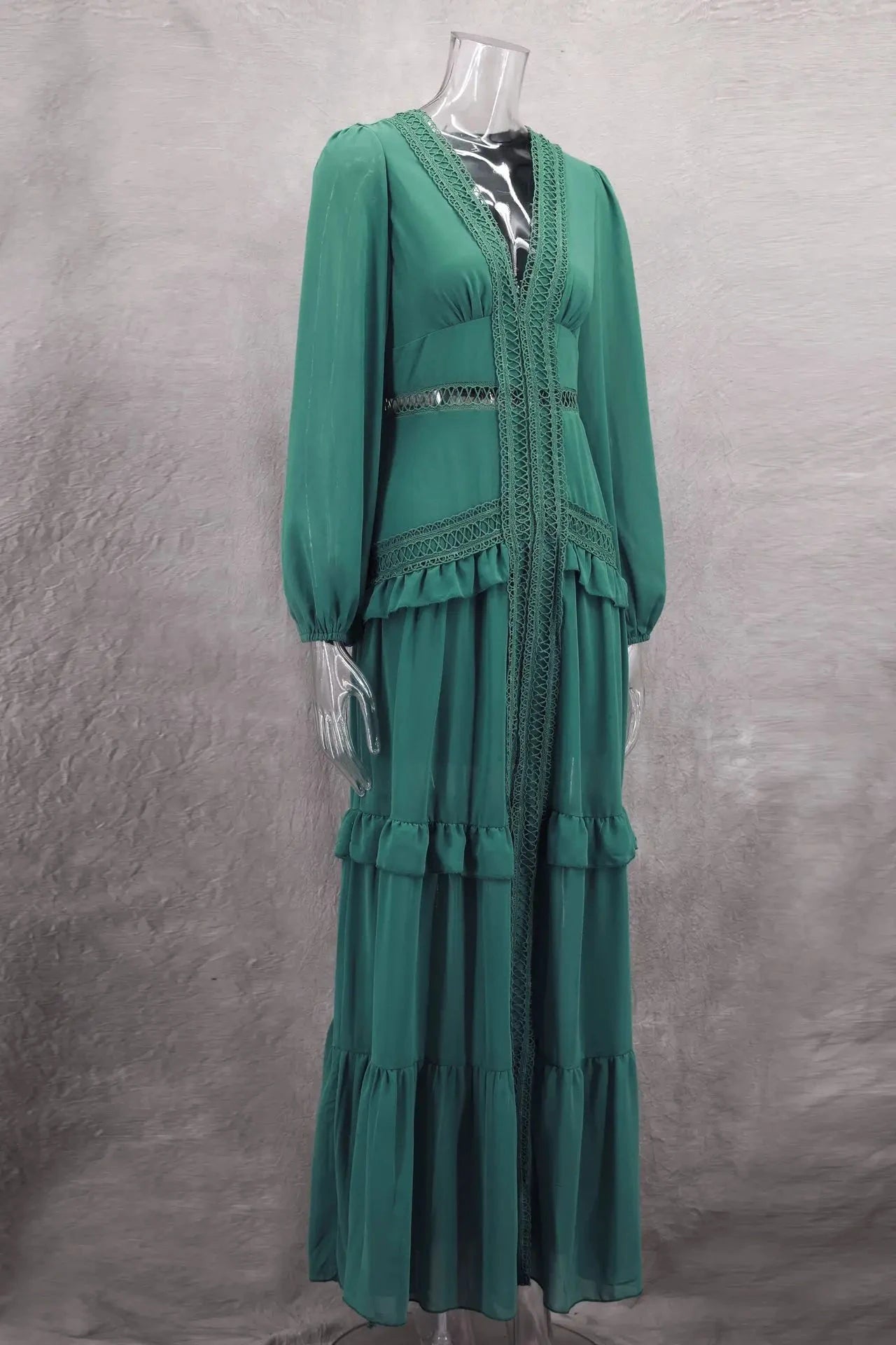 Robe longue ajourée col V taille empire manches lanternes - LSDLBoutique