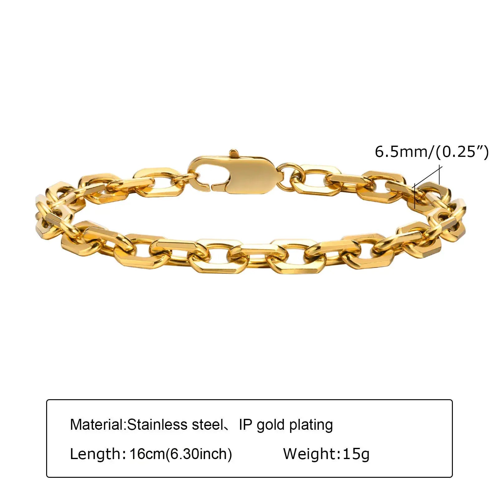 Bracelet trombone réglable en acier inoxydable doré IP, maillons rectangulaires, 16 cm