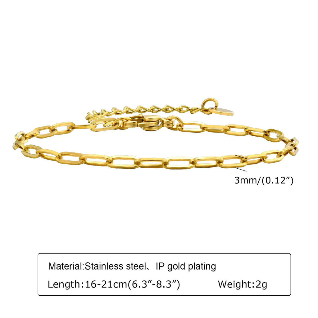 Bracelet trombone réglable en acier inoxydable doré IP, chaîne de maillons rectangulaires, 16–21 cm