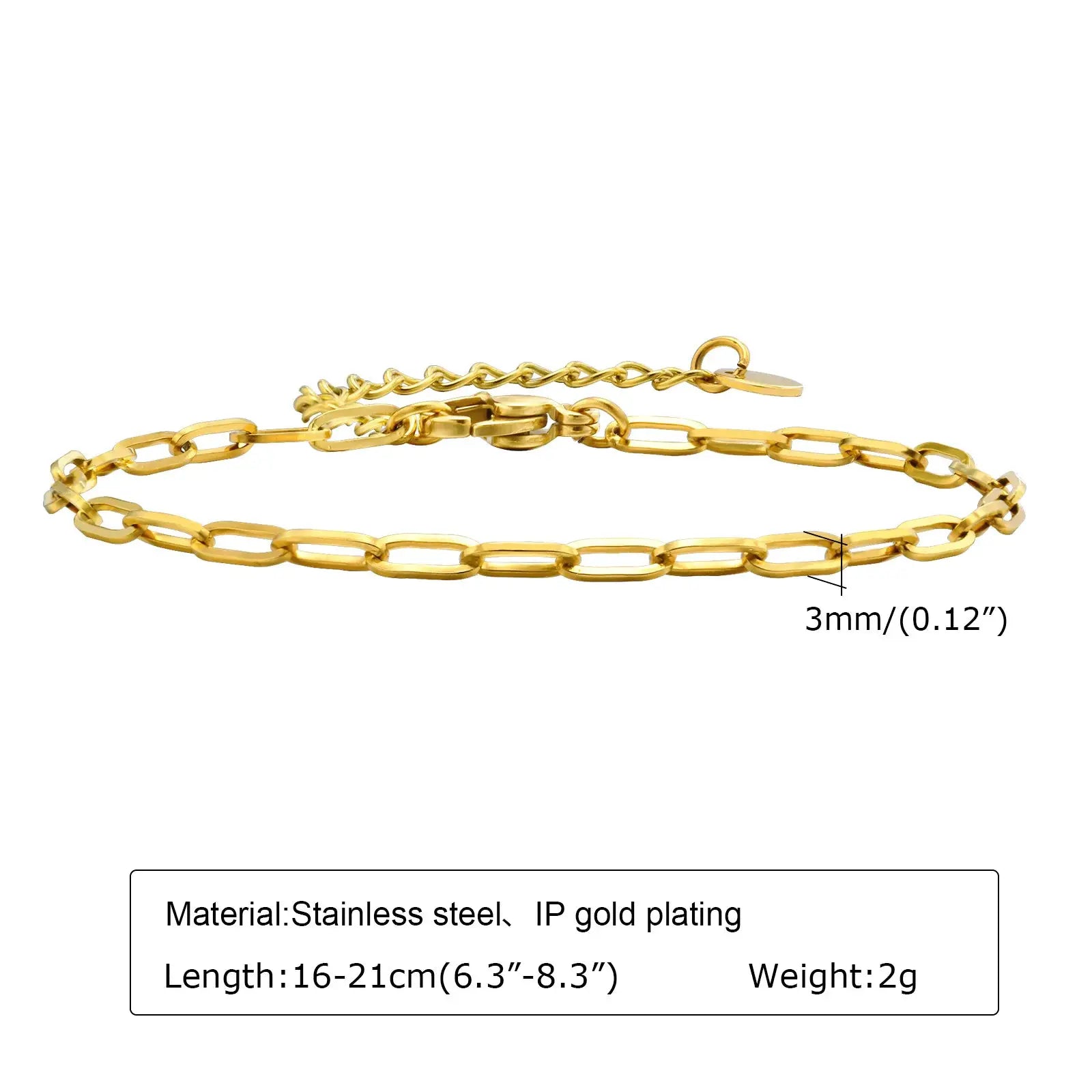 Bracelet trombone réglable en acier inoxydable doré IP, chaîne de maillons rectangulaires, 16–21 cm