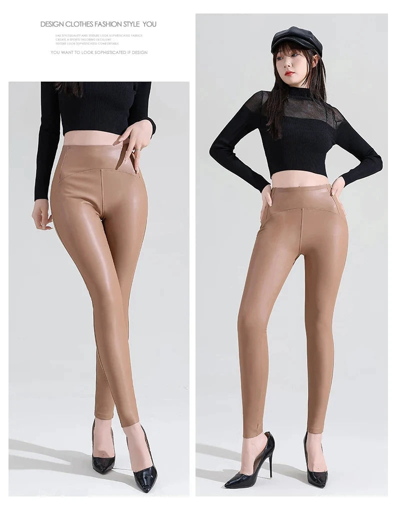 High-Waisted PU Leather Leggings – Snake Print