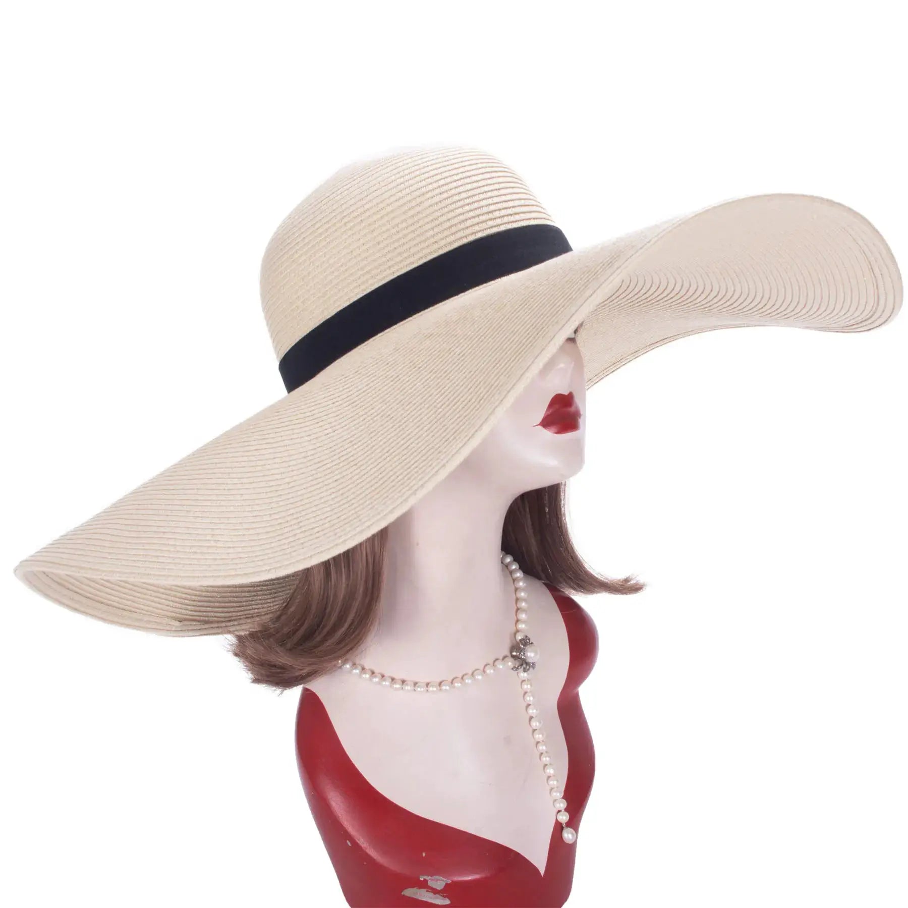 Chapeau de paille pliable à large bord, beige avec bande noire, Lawliet A330, accessoire mode
