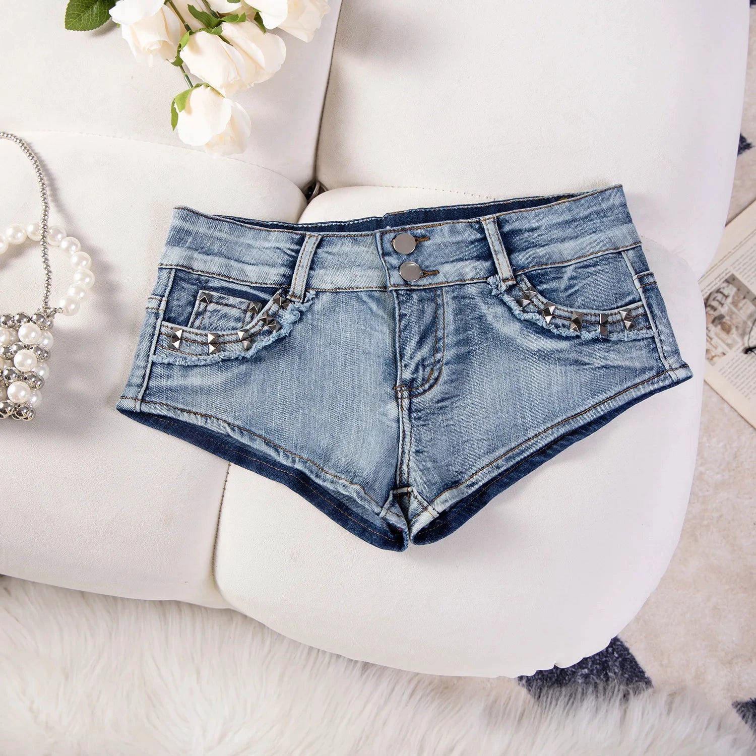 Short En Jean Femme Déchiré Taille Basse Rivets Y2K - LSDLBoutique