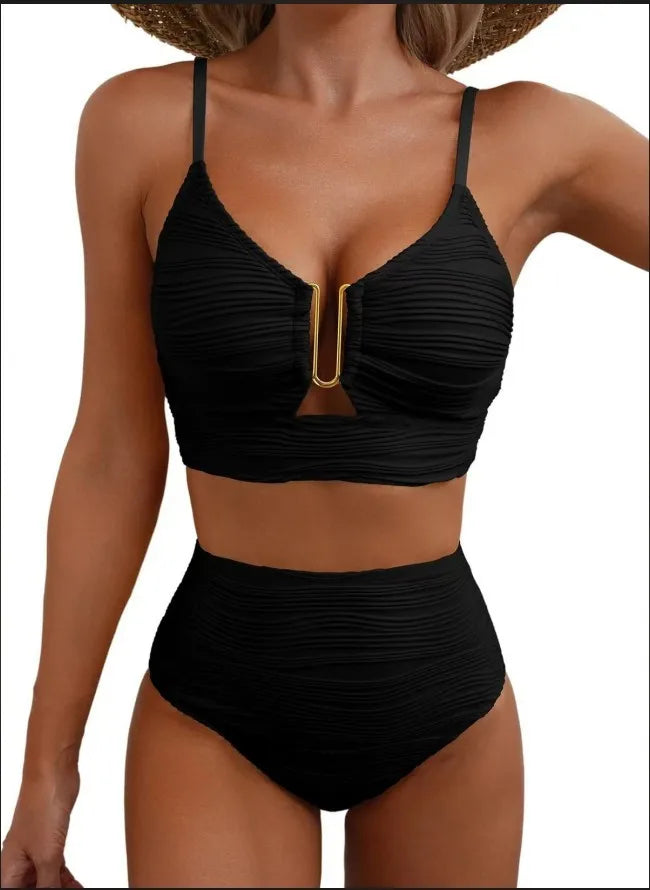 Zweiteiliger High-Waist Triangel-Badeanzug – Pure Color