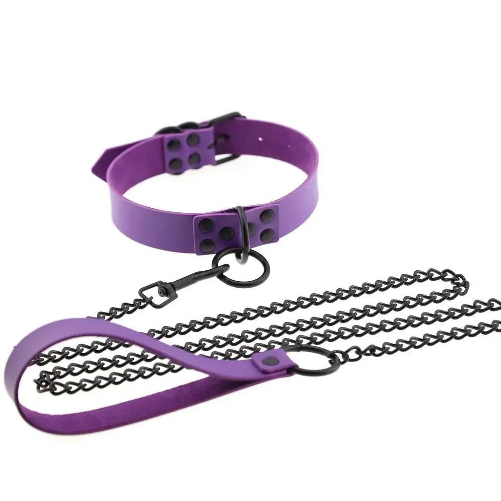 Collier et laisse en cuir synthétique violet, chaînes et anneaux noirs, style gothique punk