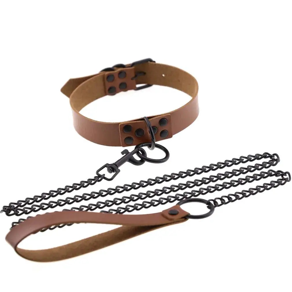 Collier et laisse en cuir synthétique marron avec chaîne noire, style gothique punk – LSDLBoutique