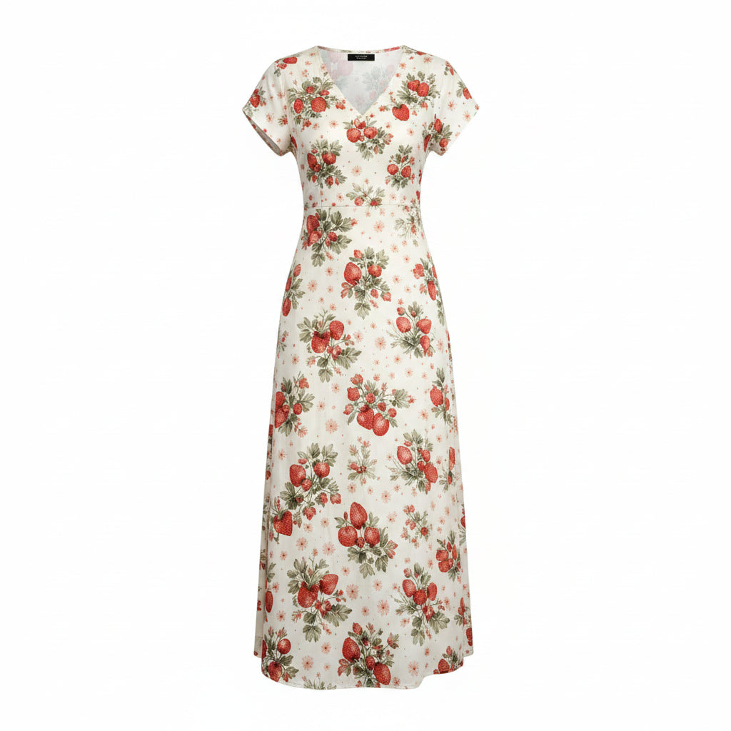 Robe longue bohème florale – Col en V, manches courtes, fente latérale