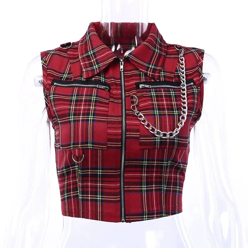 T-shirt court sans manches à carreaux femme – Zip frontal - LSDLBoutique