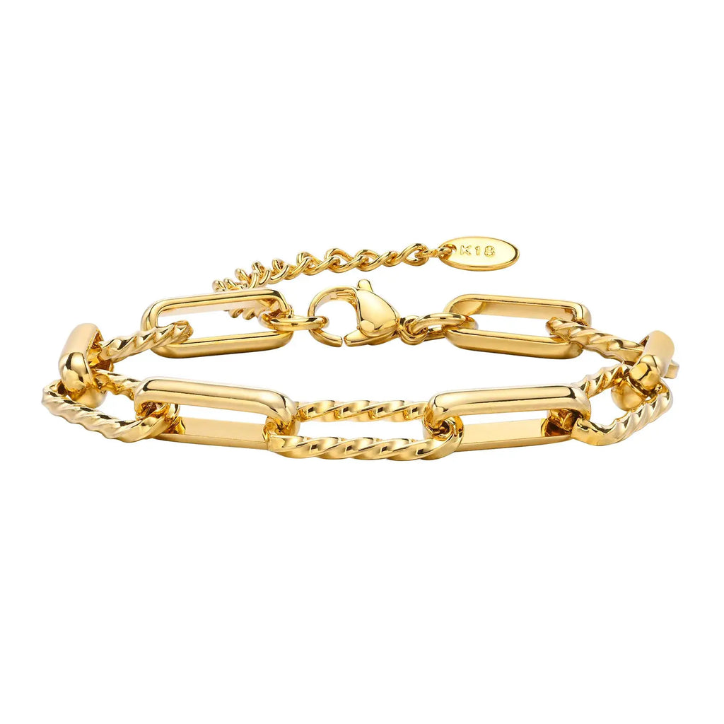 Bracelet trombone réglable en or jaune, maillons rectangulaires et torsadés, fermoir lobster
