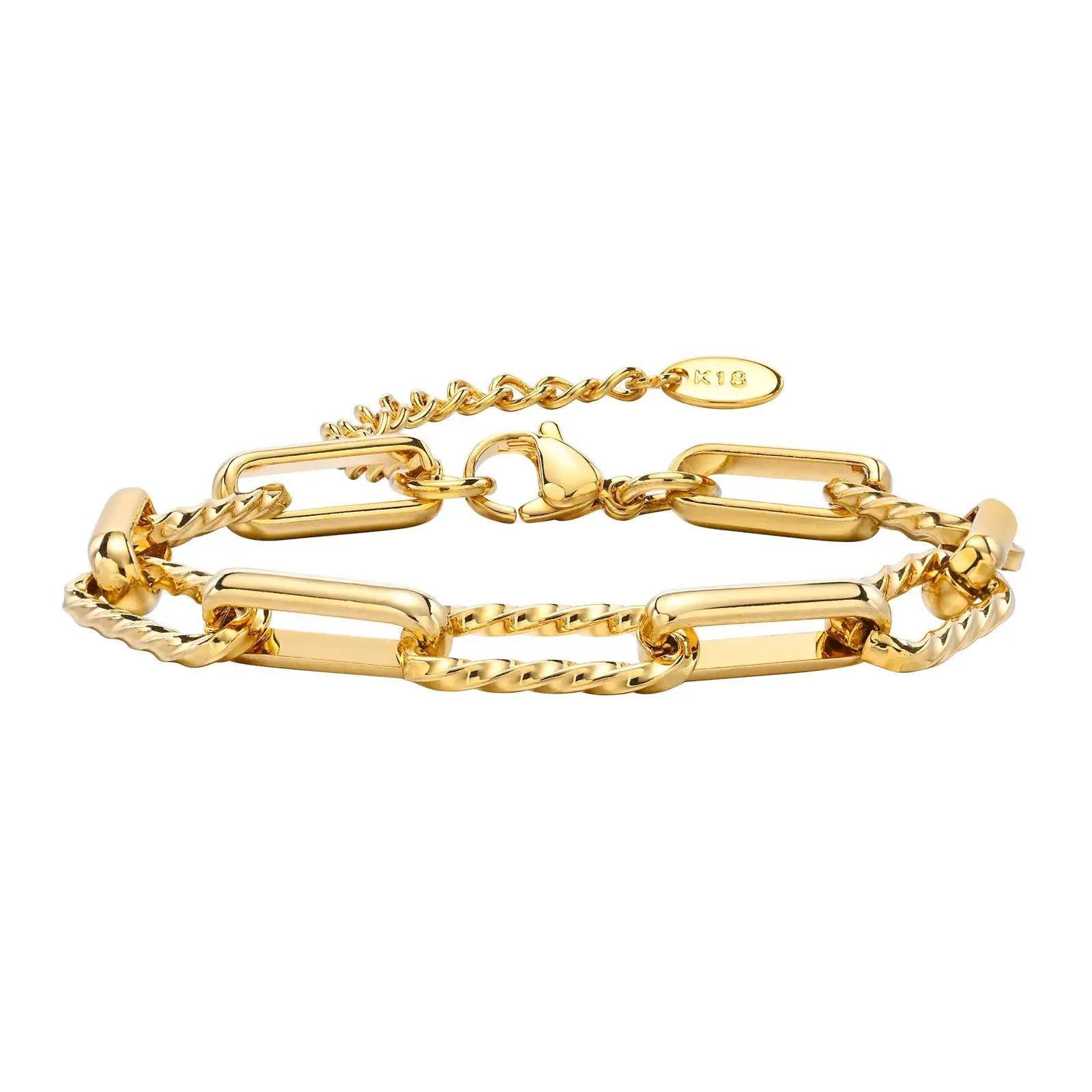 Bracelet trombone réglable en or jaune, maillons rectangulaires et torsadés, fermoir lobster