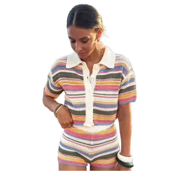 Les Secrets de Léa – Ensemble maille crochet rayé short et polo – Samia - LSDLBoutique