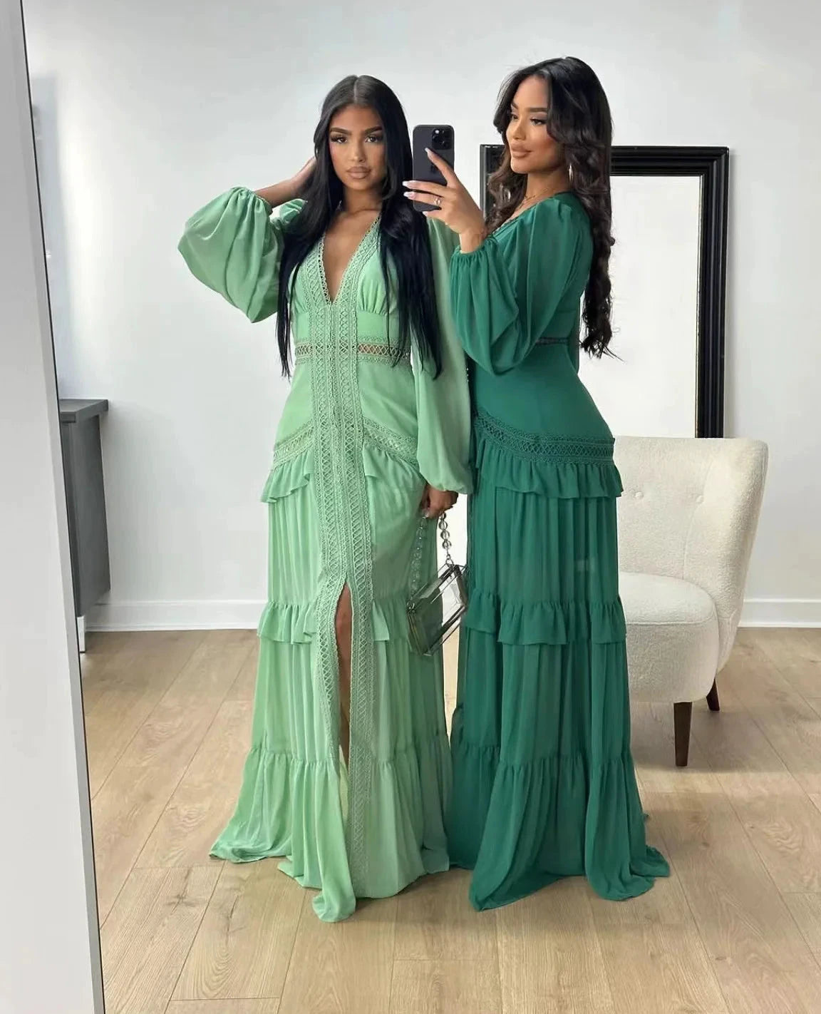 Robe longue ajourée col V taille empire manches lanternes - LSDLBoutique