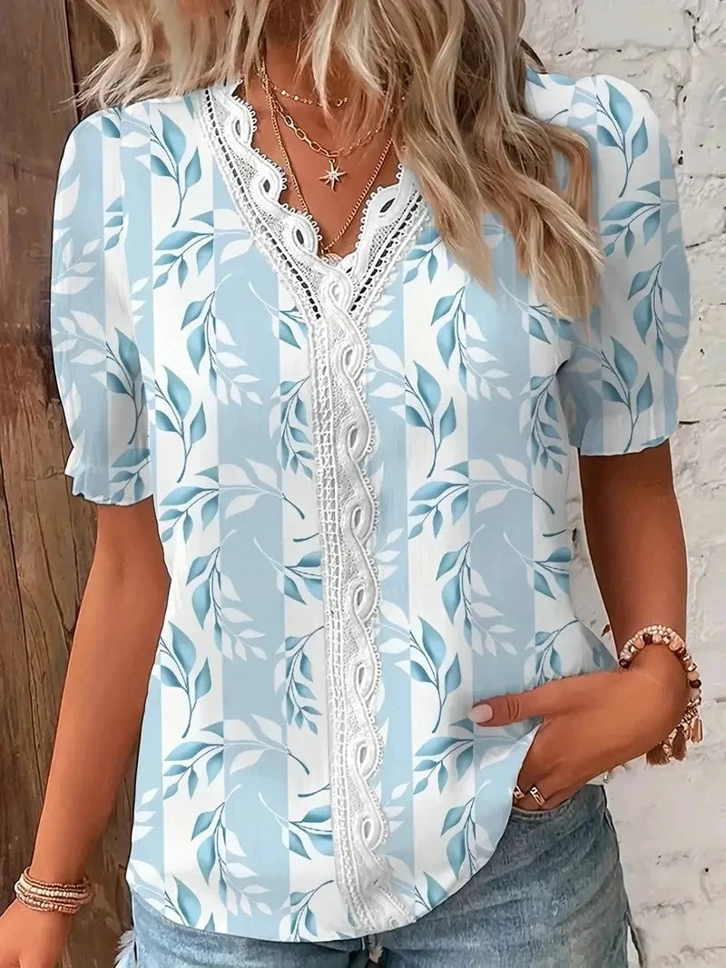 Chemise de vacances féminine en jacquard – Col V ajouré - LSDLBoutique