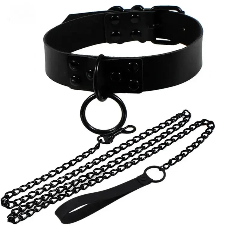 Collier de laisse en cuir synthétique noir avec anneau D et chaîne noire, style gothique punk