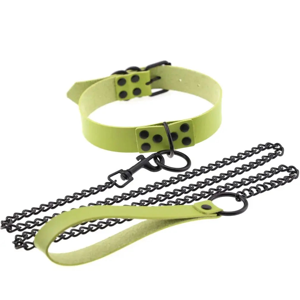 Collier de laisse en cuir synthétique vert lime avec chaîne noire, style gothique punk LSDLBoutique