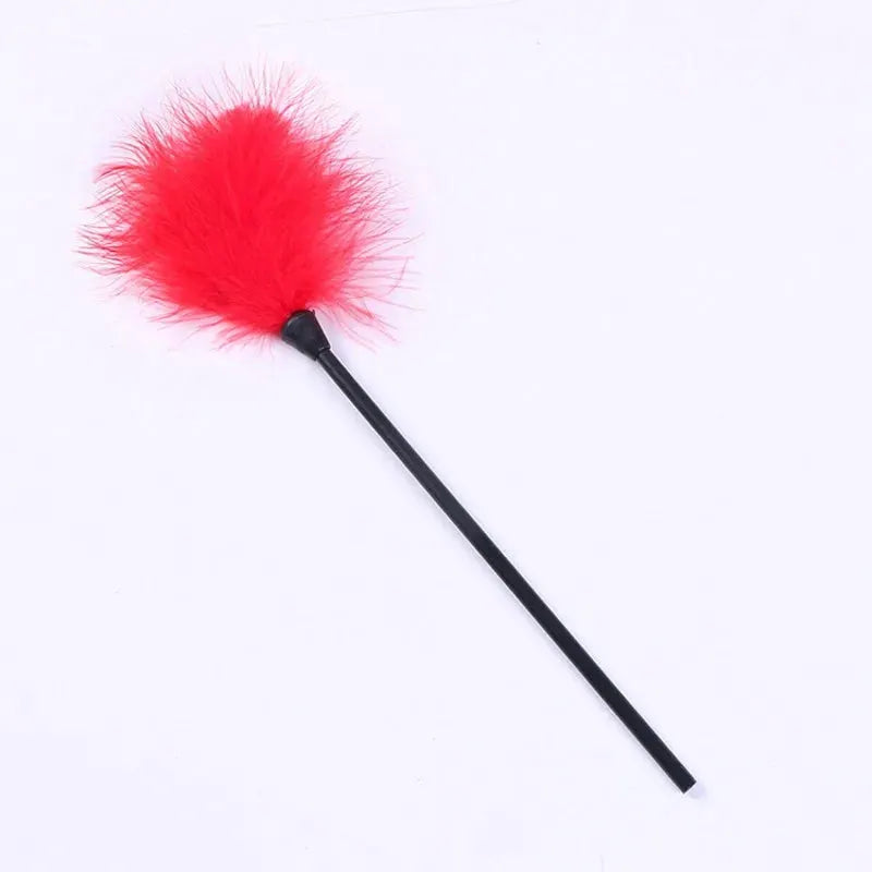 Chatouille en plumes rouge sur tige noire, accessoire sensoriel