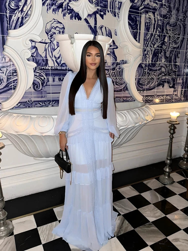 Robe longue ajourée col V taille empire manches lanternes - LSDLBoutique
