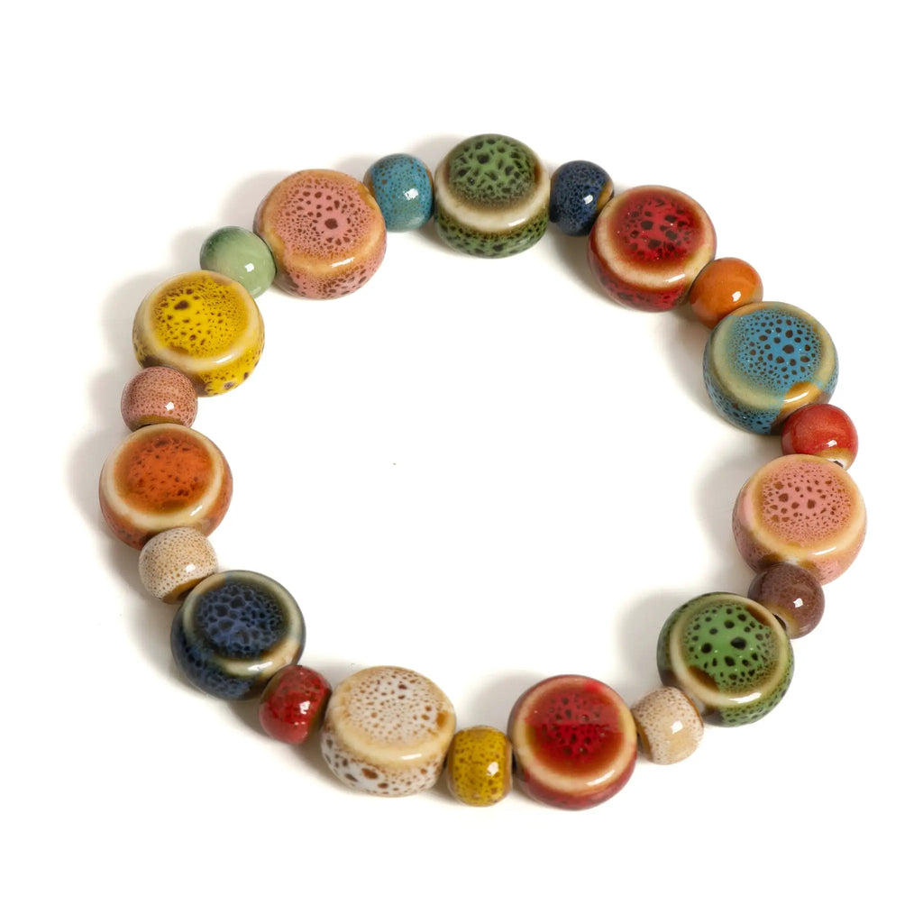 Bracelet de perles en céramique multicolores à motifs tachetés, style boho plage