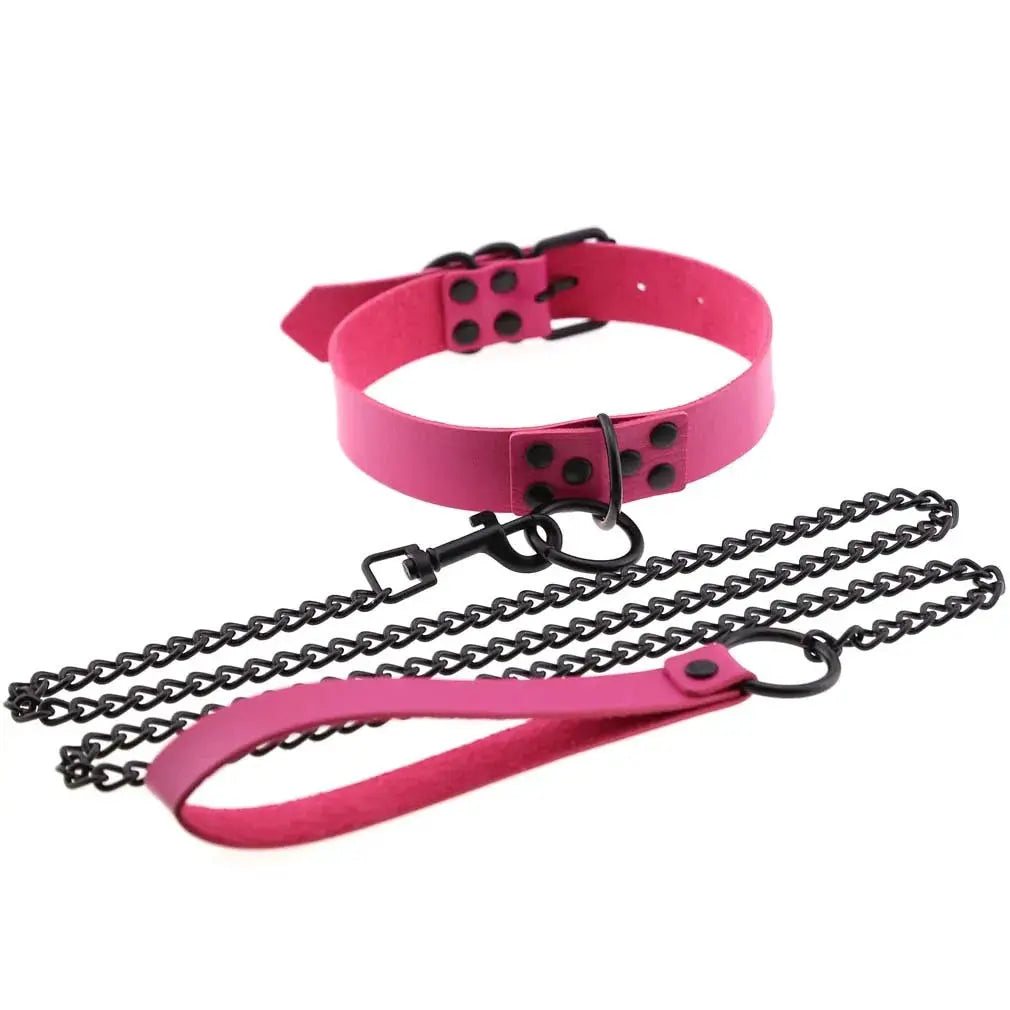 Collier de laisse en cuir synthétique, style gothique punk, rose fuchsia avec chaînes et anneaux noirs