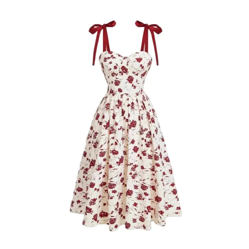 Robe mi-mollet imprimé floral crème à bretelles fines avec nœuds rouges LSDLBoutique
