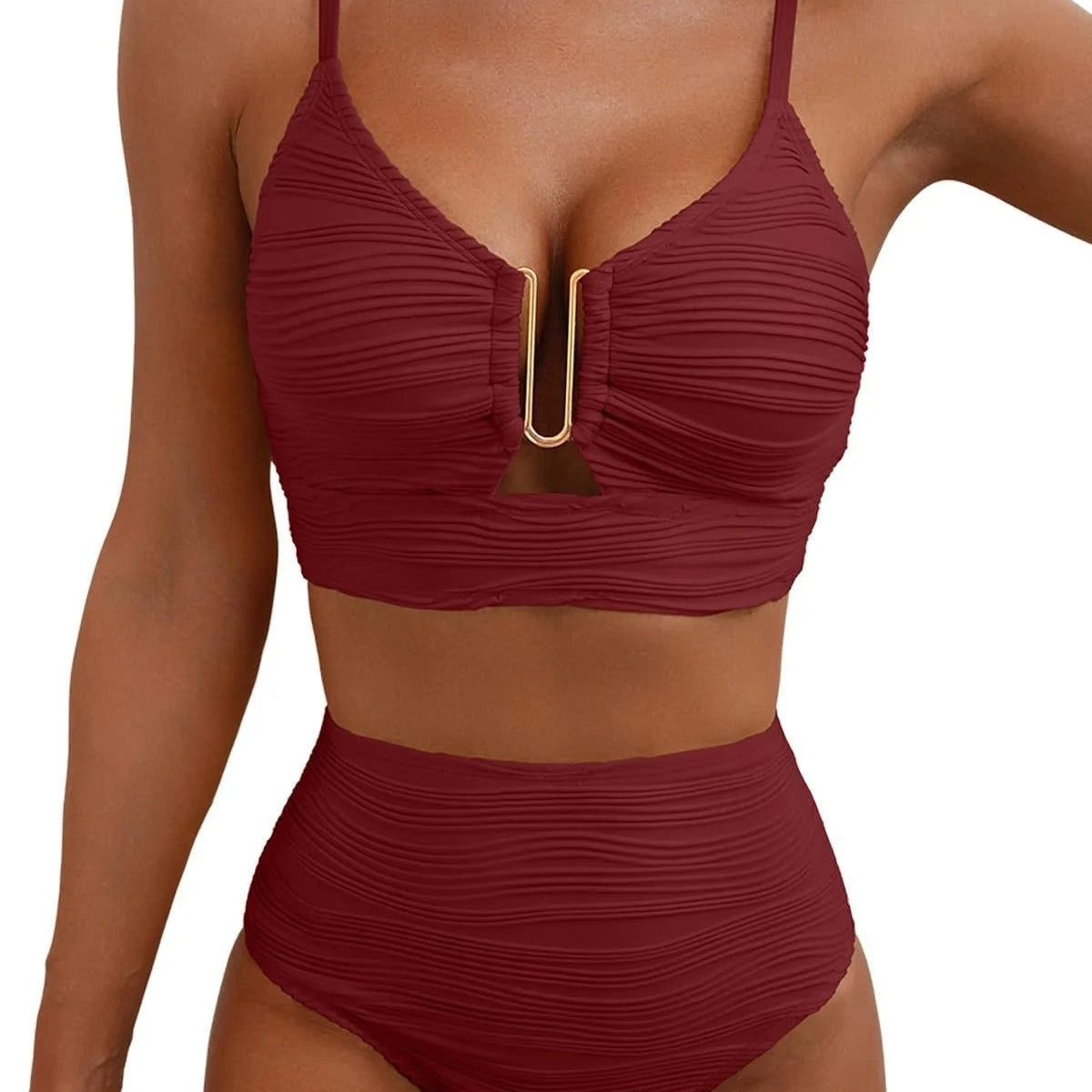 Zweiteiliger High-Waist Triangel-Badeanzug – Pure Color