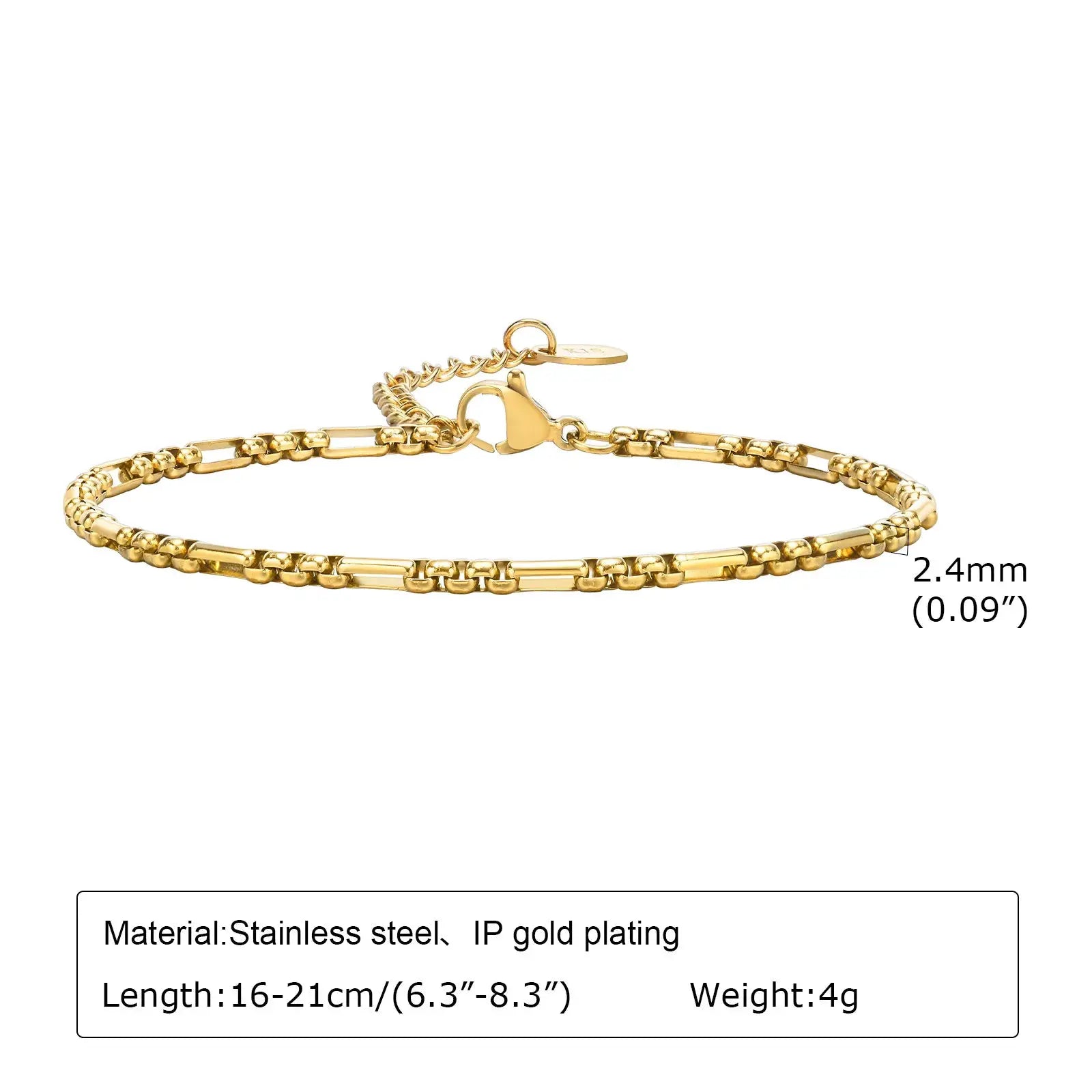 Bracelet trombone réglable en acier inoxydable plaqué or doré, maillons rectangulaires.