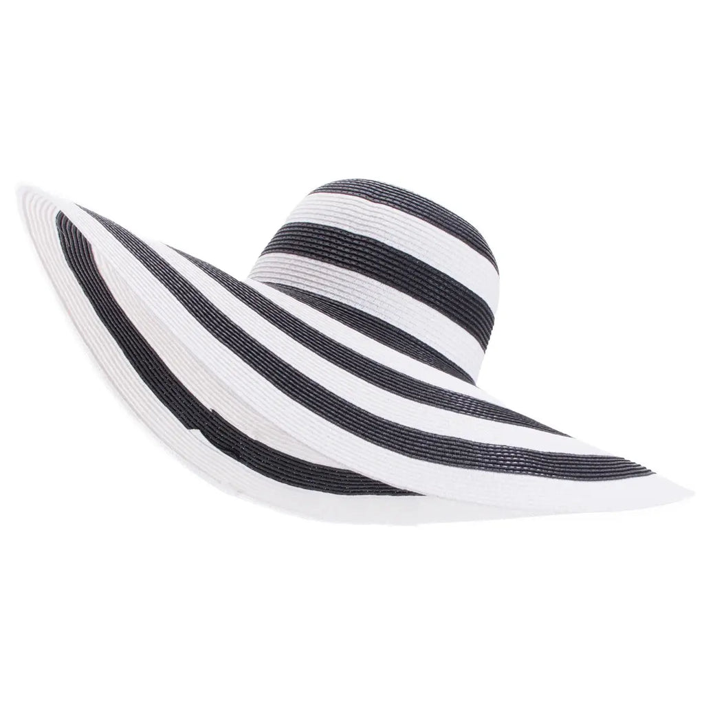 Chapeau de paille pliable à large bord Lawliet A330, accessoire mode noir et blanc rayé.