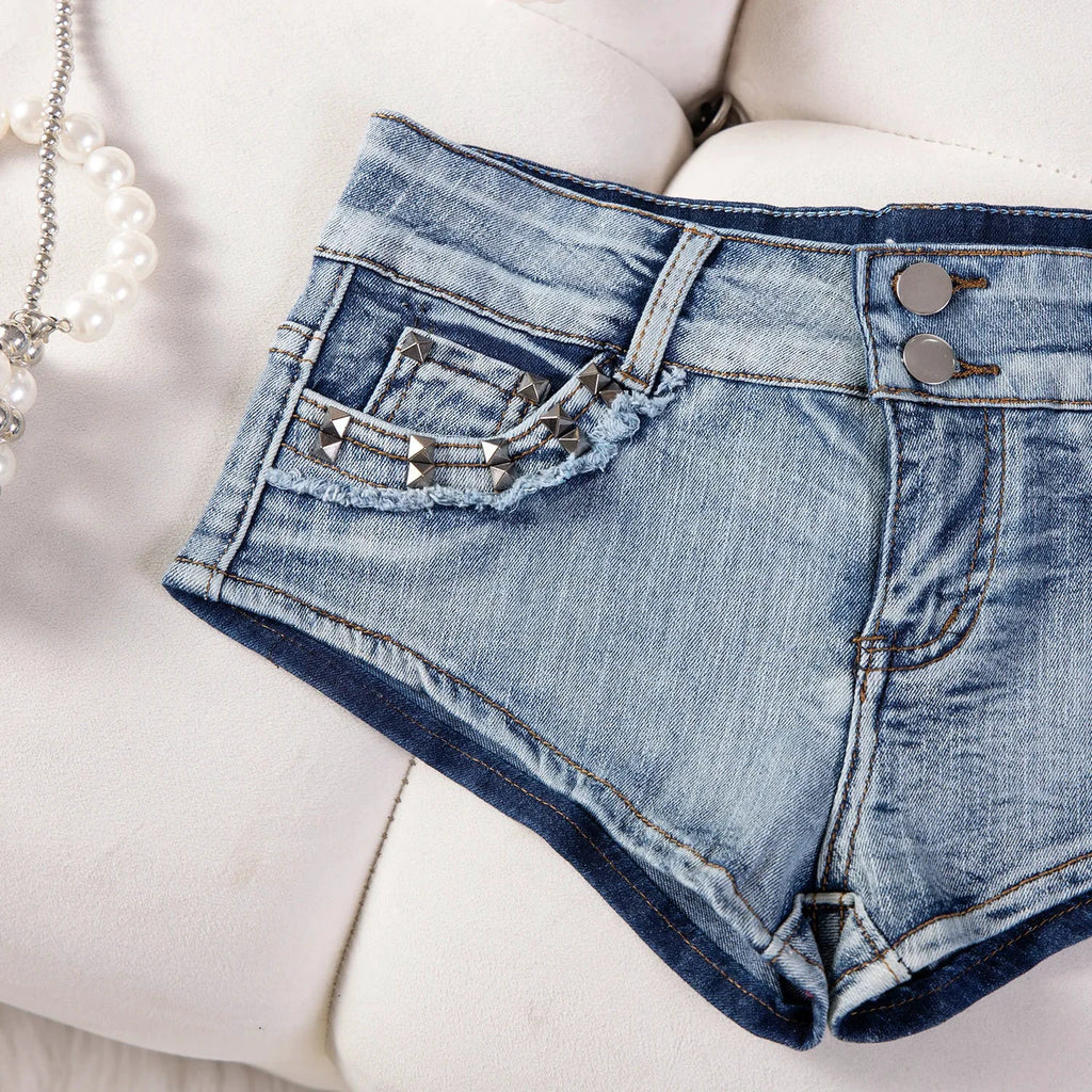 Short En Jean Femme Déchiré Taille Basse Rivets Y2K - LSDLBoutique