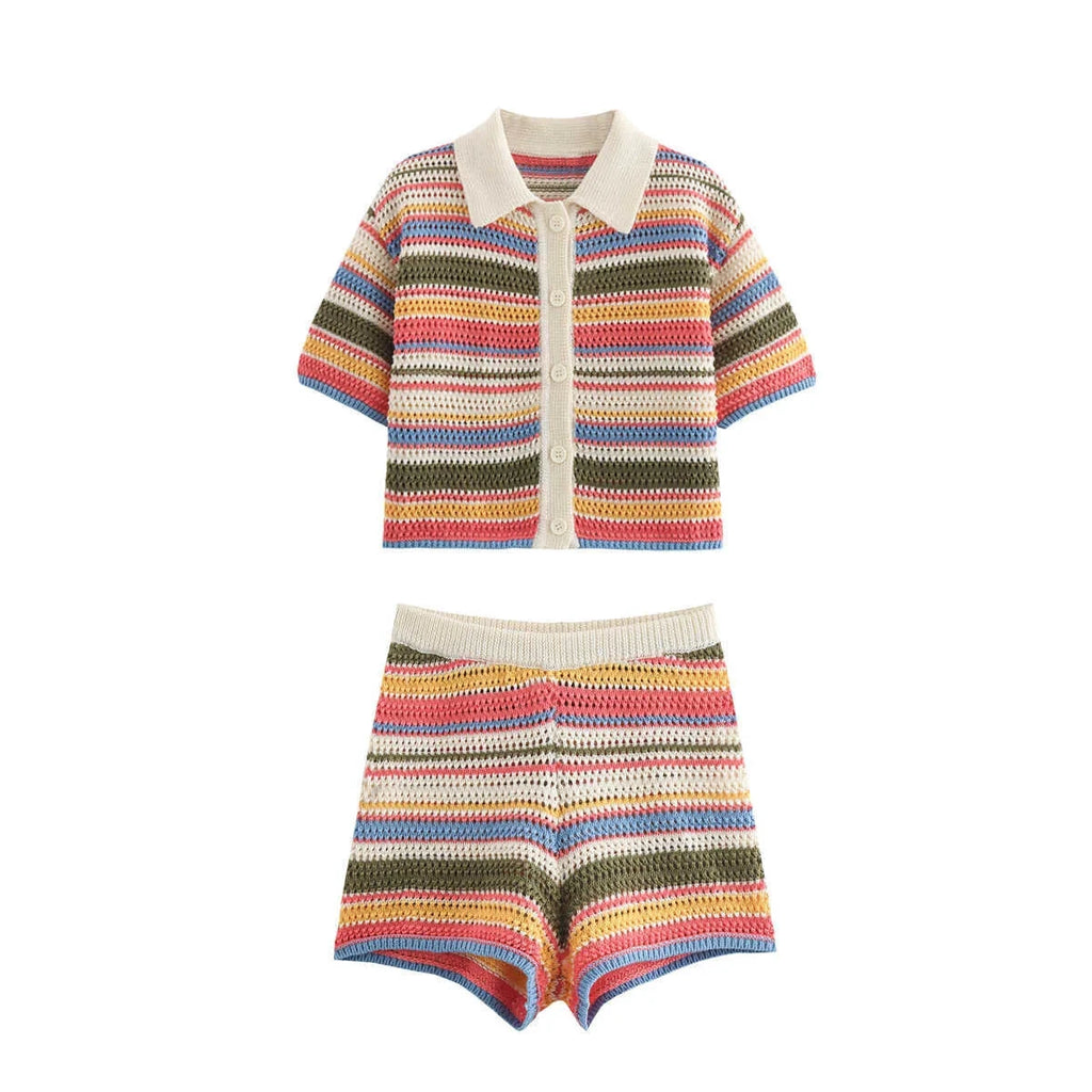 Les Secrets de Léa – Ensemble maille crochet rayé short et polo – Samia - LSDLBoutique